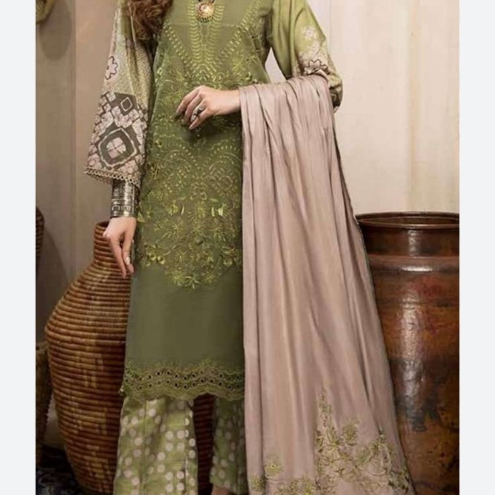 Olive Green Embroidered Women’s Dress with Taupe Dupatta